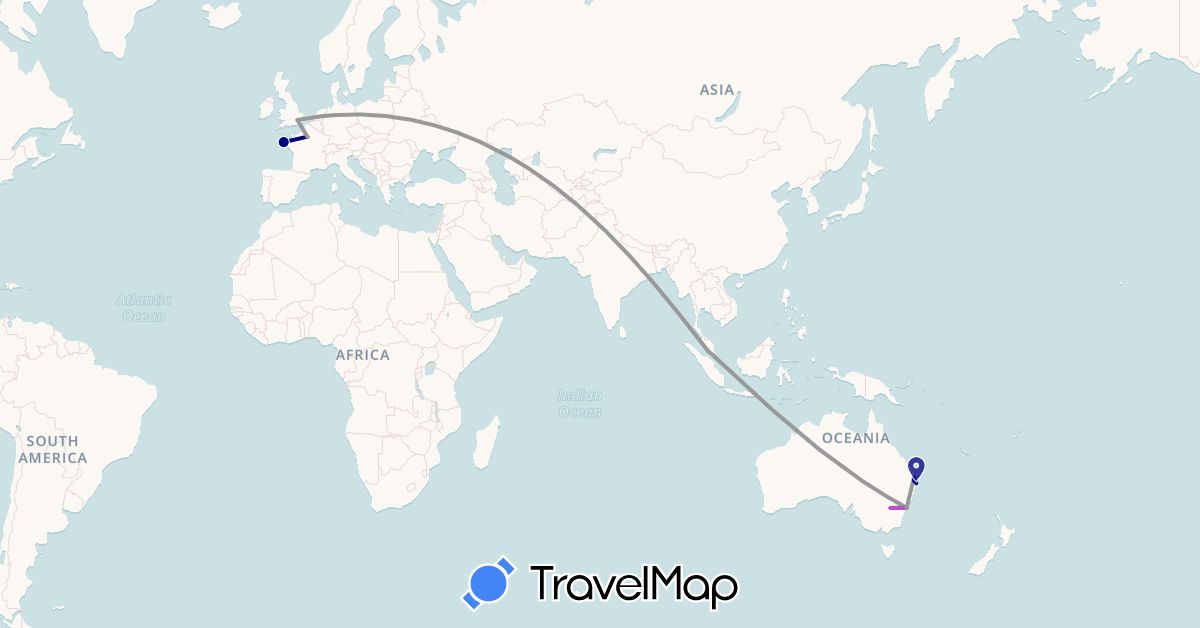TravelMap itinerary: driving, plane, train in Australia, France, United Kingdom, Malaysia (Asia, Europe, Oceania)